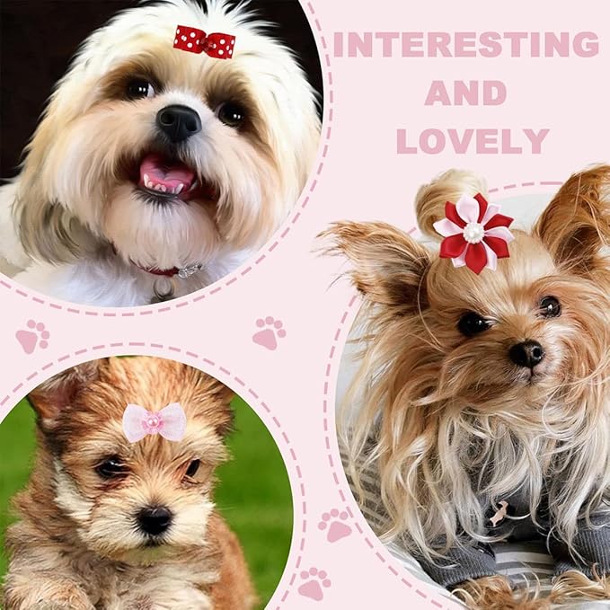 22 Pieces Cute Dog Hair Bows with Elastic Rubber Bands, Small Puppy Hair Accessories with Butterfly Flower Pearls Double Bow for Pets Dogs Cats Hair Grooming for Valentine's Day New Year(Red and Pink)