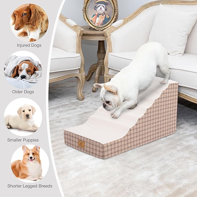 Pets Ramp for High Beds, Small Dogs & Senior Cats - Non-Slip Texture & Machine Washable Cover - Supportive Foam for Joint Comfort, Easy Climb for Couch, Sofa, Furniture (Tan)