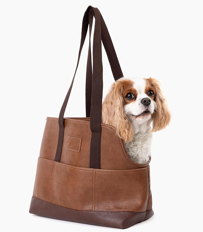 Faux Leather Dog Carrier for Small Dogs, Water-Resistant Designer Dog Purse with Safety Harness, Fashion Pet Carrier for Dogs 5-15 lbs, Luxury Dog Shoulder Carrier, Brown