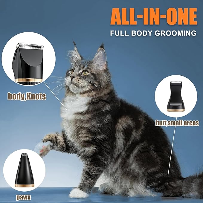 Cat Grooming Clippers Kit with Paw Trimmer, 3 in 1 Electric Pet Hair Trimmer Supplies for Thick Matted Hair, Heavy Coat Butt Shaver Cat Razor Fur Trimmer for Dogs at Home (Black)