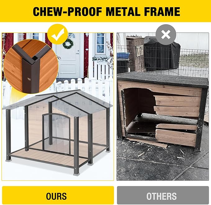 AIVITUVIN Heated Outdoor Dog House - Weatherproof Insulated Wooden Shelter with Iron Frame, Large Porch for Medium & Large Dogs, Indoor/Outdoor Kennel(XL)
