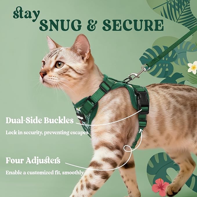 rabbitgoo Cat Harness and Leash for Walking, Escape Proof Soft Adjustable Vest Harnesses for Cats, Easy Control Breathable Reflective Strips Jacket,Rainforest Green,S