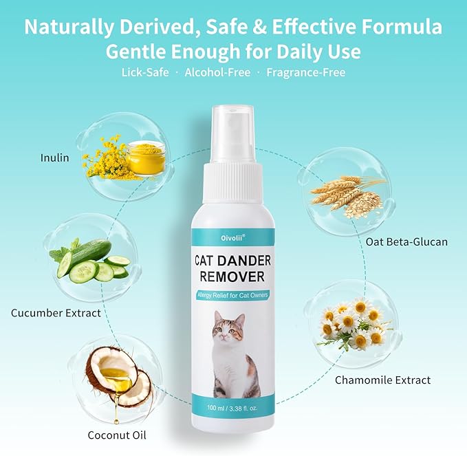 Cat Dander Remover Spray – Natural & Safe Allergy Relief for Cats & Humans, Relieves Itchy Skin & Reduces Dander – Includes 2 Spray Heads & Cleaning Cloth