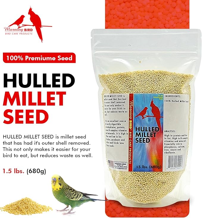 Morning Bird Hulled Millet 1.5 lbs – Nutritious Hulled Millet Seed - Waste Free - No Mess - Easily Digestible with High Fiber, Rich in Vitamins & Minerals for Birds, Ideal Bird Feed for All Bird Types