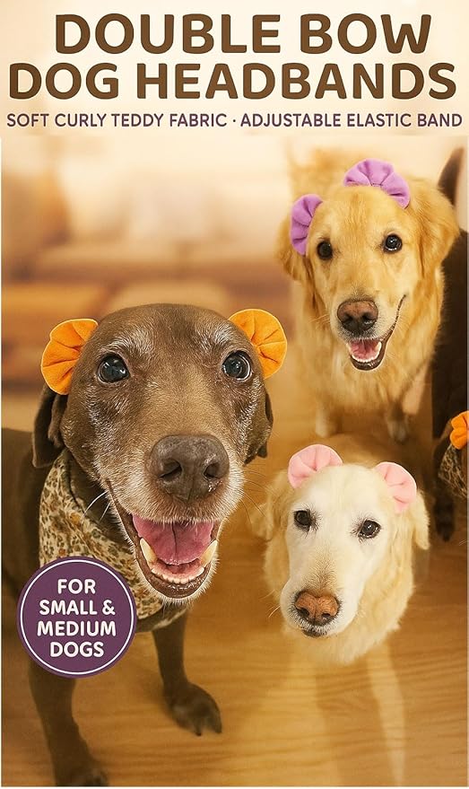 3-Pack Double Bow Dog Headbands – Dog Hairbows with Double Band, Adjustable Pet Hair Accessories for Small & Medium Dogs, Cute Hair Bows for Daily Wear & Special Occasions