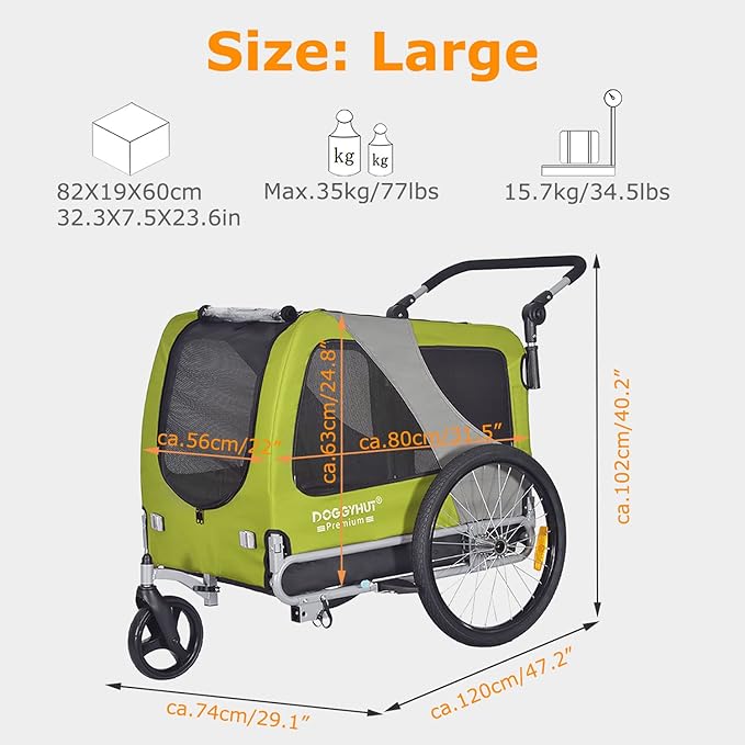 DOGGYHUT® Premium Large/XL Pet Bike Trailer & Stroller for Large Sized Dog or Multiple Small Dogs,Low Center of Gravity,Parking Brakes,Easy Folding Frame,Bicycle Carrier