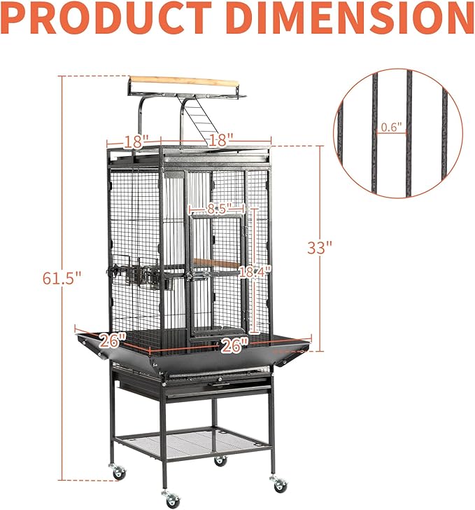 VINGLI Bird Cage with Wheels, 62 inch Bird Cages with Play Top, Wrought Iron Cage with Rolling Stand for Parrots, Cockatiels, Budgies, Lovebirds, Small/Medium Birds