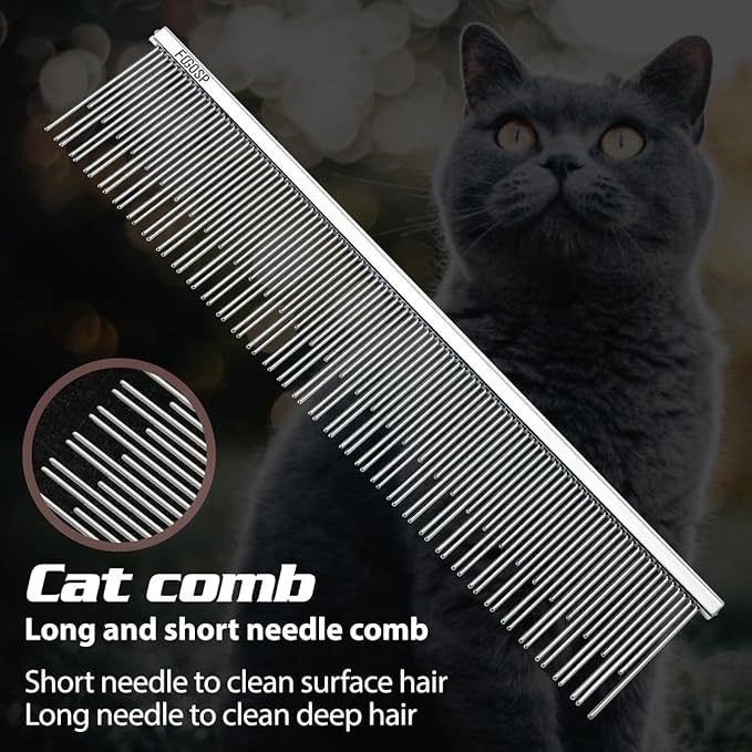 7.5" Cat Carding Dual Tooth Comb for Long Haired Cats & Dogs Ragdoll Round Corners Prevent Friction and Breakage Chrome Finish(L, Dual)