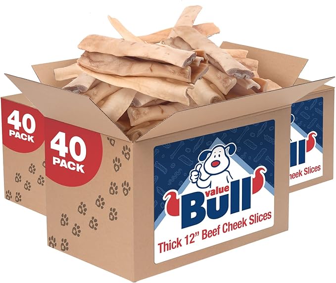 ValueBull Beef Cheek Slices, Long Lasting Dog Chews, Thick 9-10 Inch, 120 Count Bulk Pack - Long Lasting Dog Chews, Rich in Collagen, Single Ingredient, Cleans Teeth