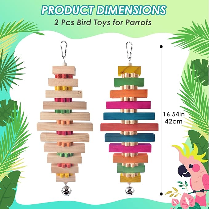 Large Bird Toys for Parrot, 2 Pcs Colorful Natural Wood Block Chew Tearing Toy with Bell for Macaws, African Greys, Amazon Parrots, Eclectus, Cockatoo