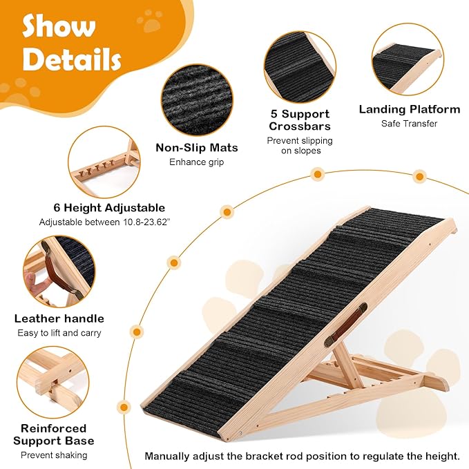 43" Long Dog Ramp with Landing Platform for Bed, Couch & Car - 6 Level Adjustable Height (10.8" to 23.6"), Foldable Wooden Pet Ramp with Non-Slip Surface, for Small, Medium & Old Dogs Up to 140 LBS