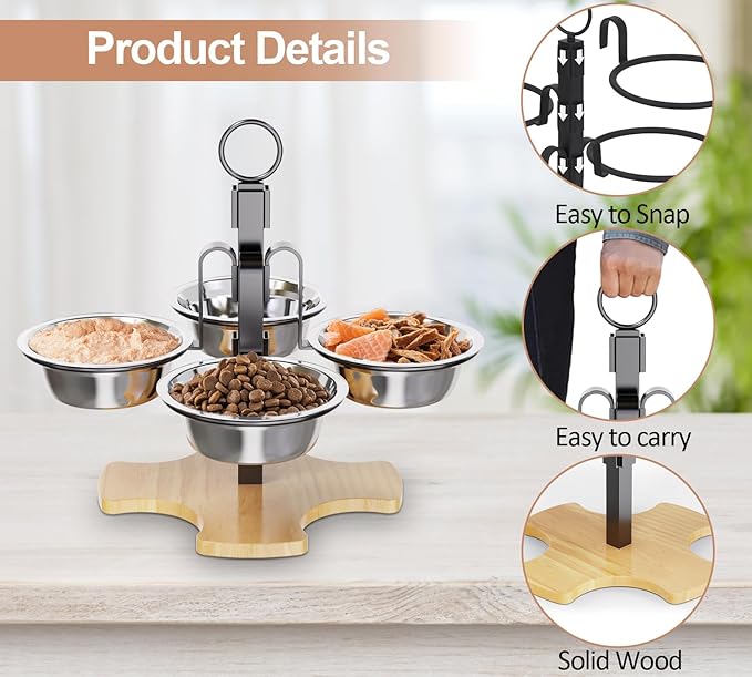 Elevated Cat Food Bowls, 3 Adjustable Heights Raised Cats Bowl for Indoor Cats Small Dogs with 4 Stainless Steel Bowls, Pet Food and Water Bowl