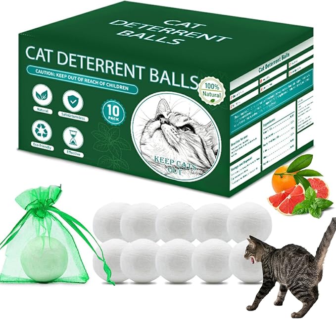 Cat Deterrent Outdoor Indoor, 10 Pack Peppermint & Lemon Natural Cat Deterrent Balls, Keep Cats Out of Yard Permanently, Prevent Scratching & Chewing for Garden, Lawn & Indoor Furniture