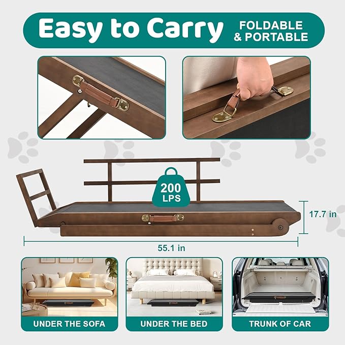 Dog Ramp for Bed, Adjustable Pet Ramps for Dog to Get on Bed, Non-Slip Rubber Surface - Folding Wooden Dog Ramp for Small/Large/Old Dogs, Adjustable up to 27.5 inch High Beds, Safety Railings