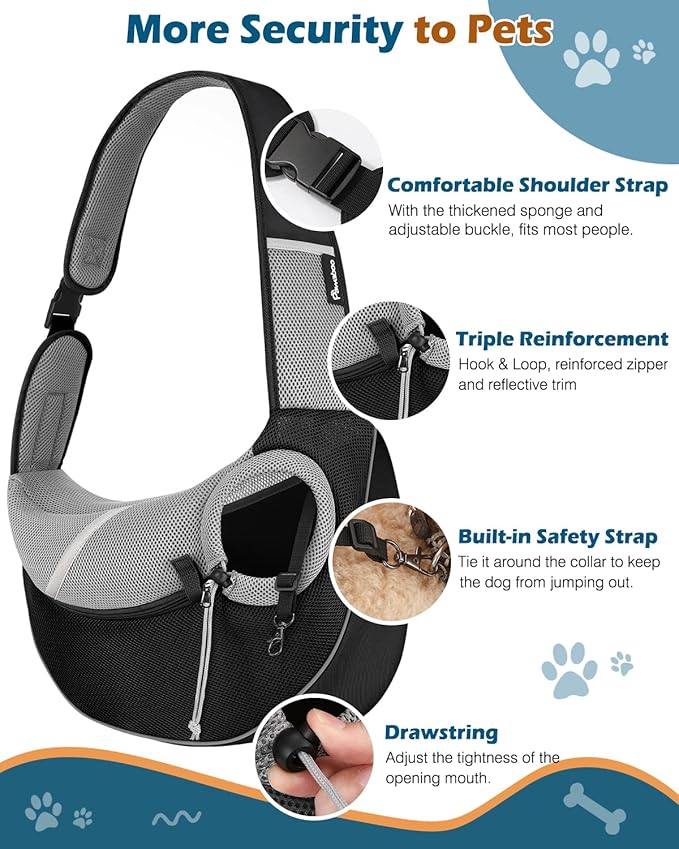 Pawaboo Pet Dog Sling Carrier, Hand Free Breathable Mesh Puppy Carrier, Dog Papoose with Zipper Touch Pocket and Adjustable Strap, Crossbody Satchel Dogs Purse for Outdoor, L, Black