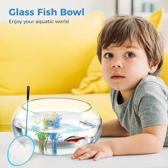 Glass Fish Bowl Set, Round Glass Fish Tank with Luminous Pebbles, Artificial Plants and Net, Small Fish Bowl Vase Aquarium for Home Office Decor (Transparent)