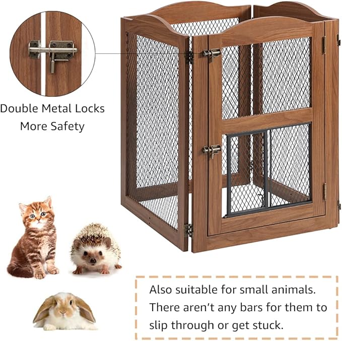 beeNbkks Freestanding Pet Gate with Cat Door, Dog Proof Cat Gate, Indoor Dog Gates for The House Doorways Stairs, Metal Mesh Wooden Small Animal Pet Barrier with Walk Through Door and Support Feet