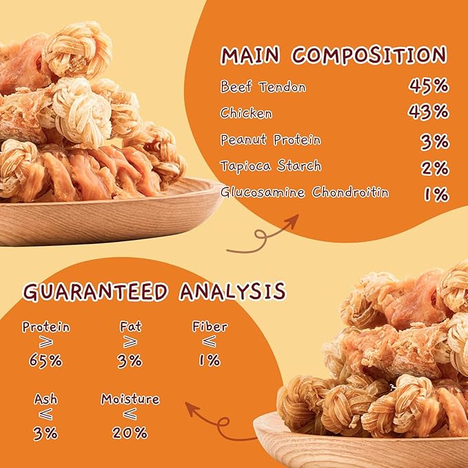 Jungle Calling Beef Tendons for Dogs, Chicken Wrapped Tendons Dog Chews Long Lasting Hip and Joint Supplement for Dogs with Glucosamine (Knotted Bone) (Pack of 2)