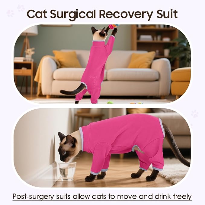 DENTRUN Cat Clothes for Hair Control with Hair Sticky Fabric - Soft Recovery Suit & Breathable Lint-Resistant Cat Sweater for Cats Only, Kitten Onesie Pajamas, M, Bright Pink