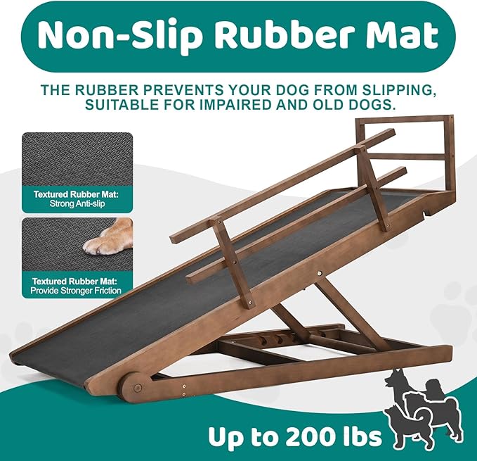 Dog Ramp for Bed, Adjustable Pet Ramps for Dog to Get on Bed, Non-Slip Rubber Surface - Folding Wooden Dog Ramp for Small/Large/Old Dogs, Adjustable up to 27.5 inch High Beds, Safety Railings