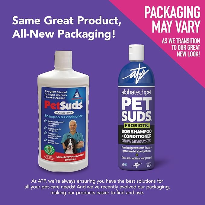 PetSuds Probiotic Dog Shampoo and Conditioner - Helps with Hotspots, and Dry, Oily Skin - Hypoallergenic and Sulfate Free Pet Shampoo - Lavender, 16 Oz. by Alpha Tech Pet