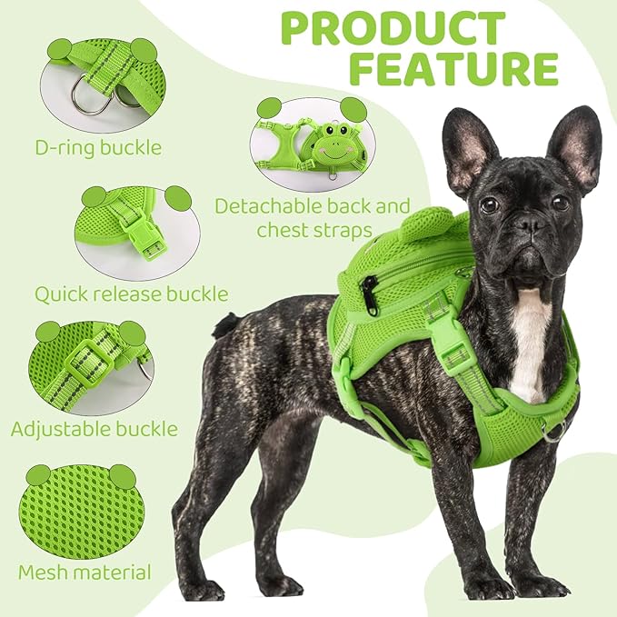 Dog Harness with Backpack, Adjustable Dog Backpack Harness for Small Medium Dogs, No-Pull Breathable Backpacks for Dogs to Wear, for Traveling, Hiking, Camping, Training, Green Frog M