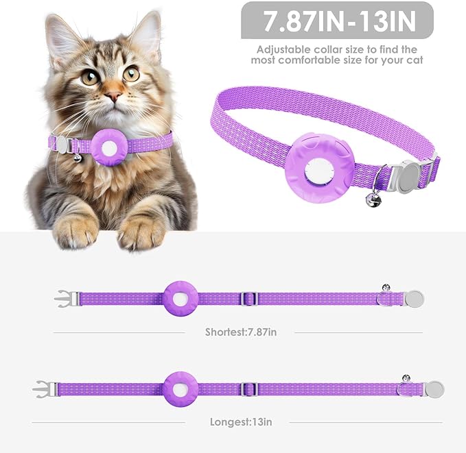 Cat Tracker, GPS Tracker Collar with Safety Elastic Buckle, Tractive GPS Cat Tracker Compatible with Apple Find My App (Only iOS), No Monthly Fee, Purple