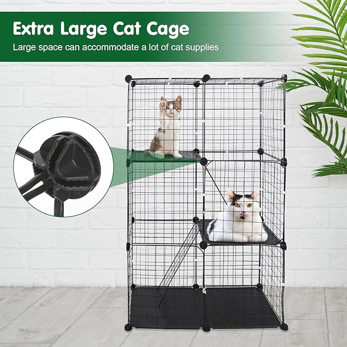 3 Tier Cat Cage, Indoor Cat Enclosures, DIY Cat Playpen Detachable Metal Wire Kennels Kitten Crate Cats House with 3 Doors 2 Ladders Large Exercise Place for 1-3 Cats/Kitten, 28"x14"x42"