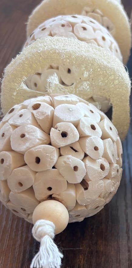 Triple Stack Natural Sola Ball and Loofah Slice Hanging Toy - Medium Birds - Set of Two (Medium)