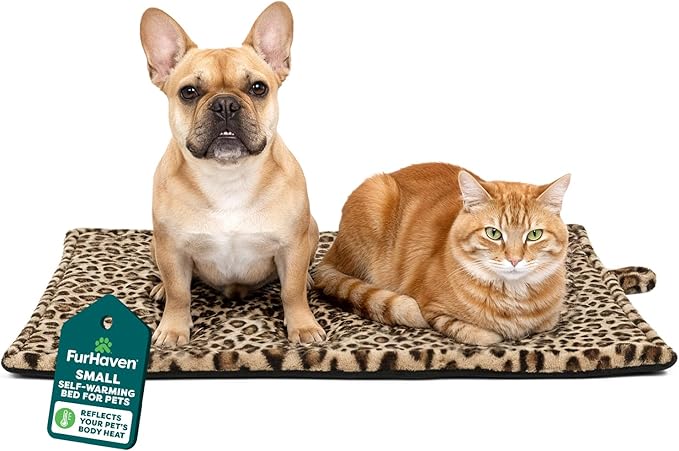 FurHaven ThermaNAP Self Warming Cat Mat & Dog Bed for Crates with Self-Warming Technology for Cozy Rest, Fully Machine Washable, Large, Quilted Faux Fur, Leopard