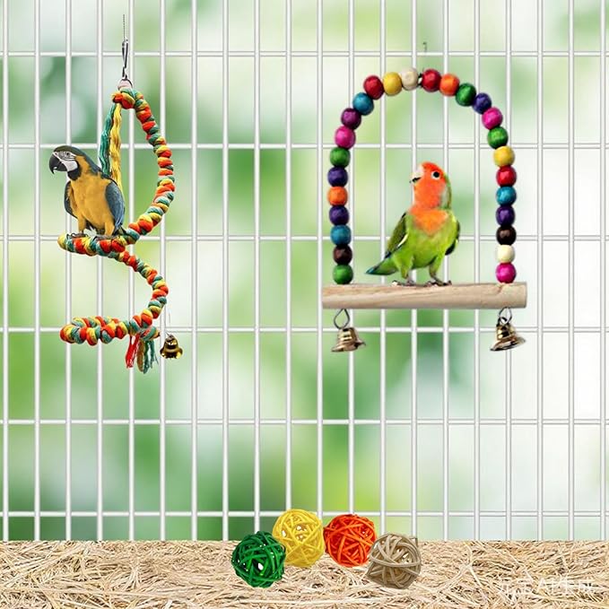 9Pcs Bird Toys for Parakeet, Cockatiel, Finches, Budgerigar, Mynah, Love Birds, Small Parrots, Parrot Cage Stand Accessories
