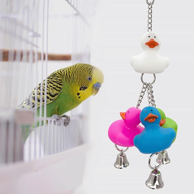 922 Rainbow Duck Ringer Bird Toy 8" - Handcrafted Hanging Rubber Ducky Cage Accessory with Bells for Budgies, Conures Lovebirds & Cockatiels - Interactive Sensory Play & Foraging Fun for Small Parrots