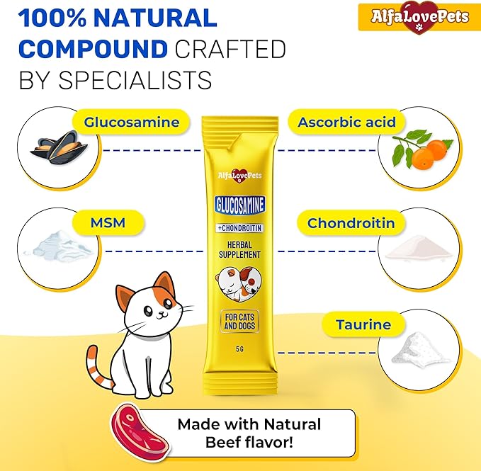 Glucosamine for Cats Maintains Strong Muscular System, Ligaments, Hips – Squeezable Cat Joint Supplement with Chondroitine, MSM, Taurine – Lickable Formula with Natural Beef Flavor in 10-Sticks Pack
