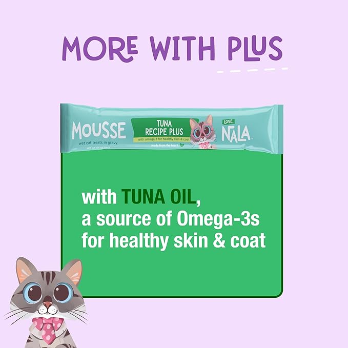 LOVE, NALA Tuna + Omega-3 Mousse Cat Treats – Brain & Heart Health Support – Lickable Squeeze-Up Puree, Topper or Treat – Grain-Free, 24 Pack – Human-Grade Protein, Non-GMO, No Artificial Additives
