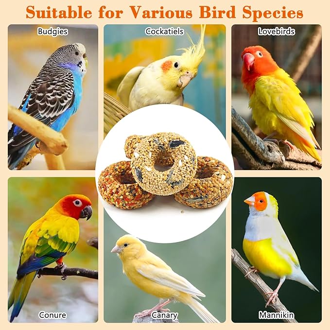 Fhiny Parakeet Treats, 8 PCS Donut Shaped Natural Grain Cockatiel Food with Fruits Vegetables Flowers and Herbs for Parrot Conure Lovebird Training Rewards and Beak Grinding