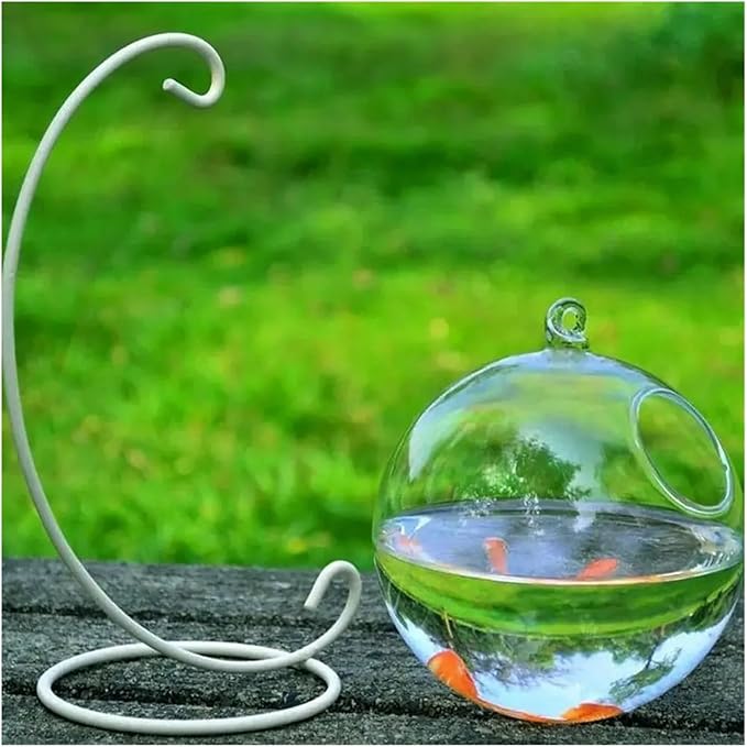 Transparent Hanging Glass Aquarium Fish Tank Bowl - Stylish Round/Rectangle Shape with Rack Holder for Home Decoration(White-02)