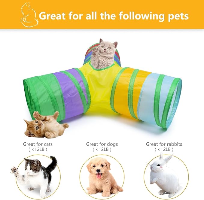 3 Way Cat Tunnel Collapsible Fun Pet Play Tube Toys for Cats, Kittens, Puppies & Rabbits - Portable Tunnel with Hanging Ball for Indoor Play, Hideout & Exercise