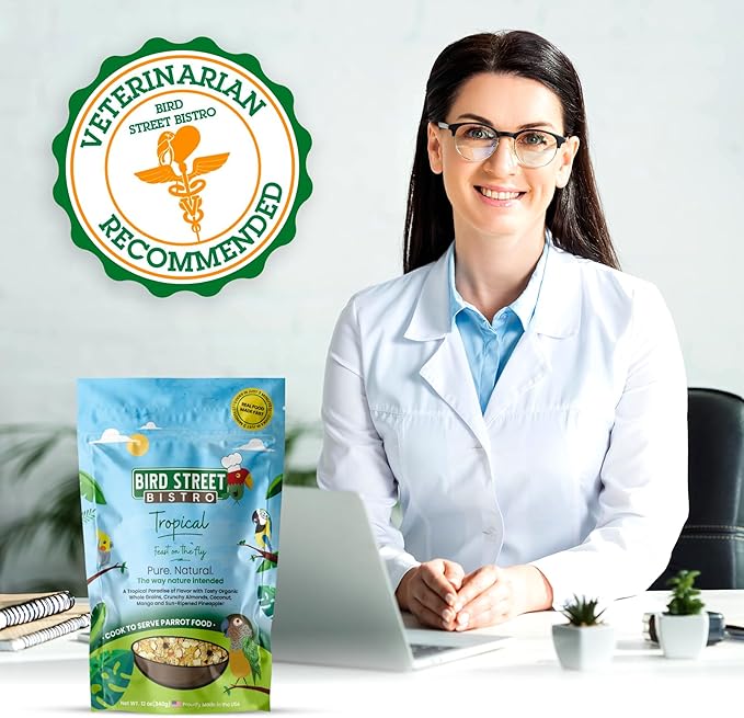 Bird Street Bistro Parrot Food for Parakeets & Cockatiels - Tropical - 18 oz - Cooks in 3-15 min, Natural Wholesome Grains, Fruits & Vegetables - USA Made