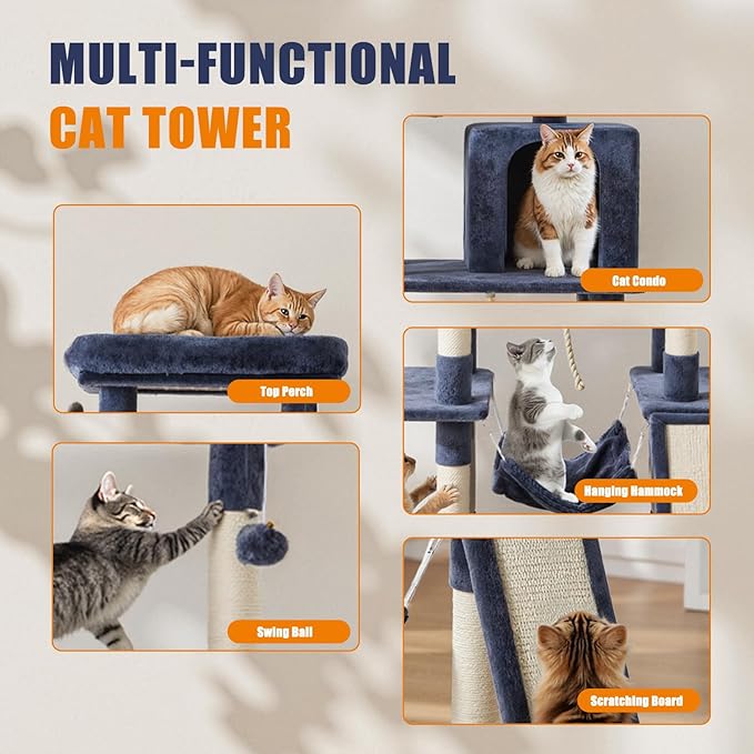 Sweetcrispy 63 inch Cat Tree Tower, Large Multi Level Cat Climbing Tower with Condo, Natural Sisal Scratching Posts, Extended Platform, Hammock, Pet House for Indoor Cats and Kittens Play, Dark Grey