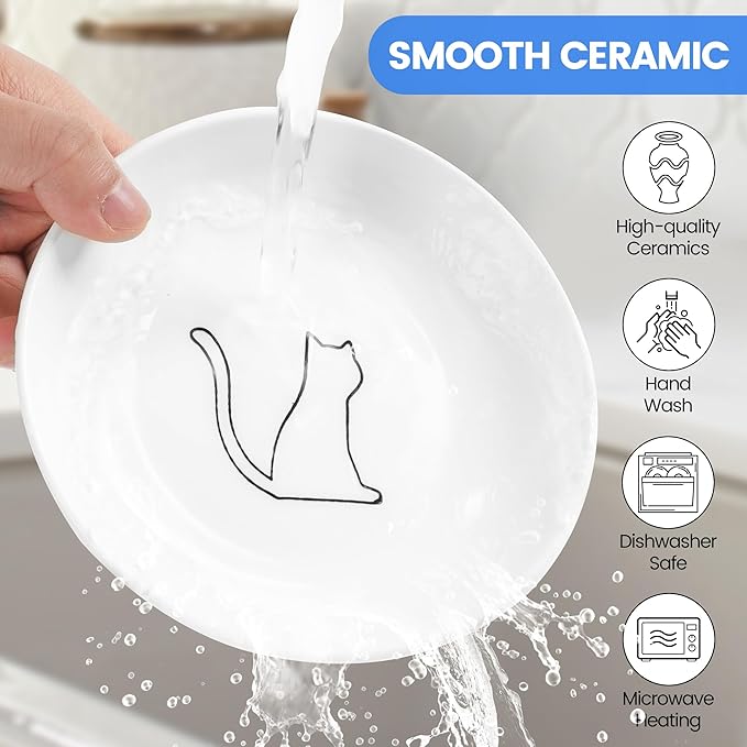 Ceramic Elevated Cat Bowls - Whisker Friendly, Anti-Vomiting, Stylish & Hygienic Cat Bowl Set (Line Cat, 2 Pack)