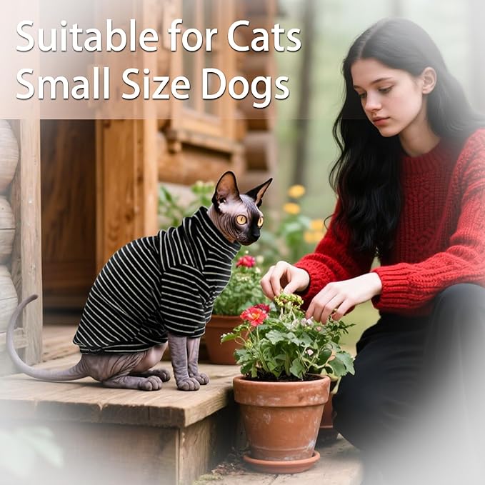 Fleece Sphynx Cat Clothes Soft Hairless Cat Clothes Pullover Cat Sweater for Chihuahua All Season Light and Warm Kitten Cloth for Cats Only Puppy Clothes Small Dog Sweater (B-Striped, S)