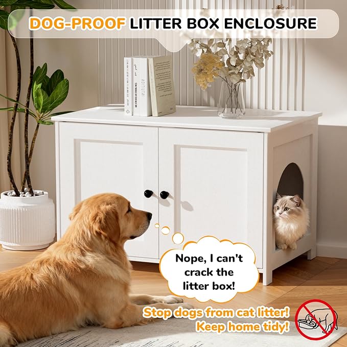 Cat Litter Box Enclosure Furniture Dog Proof, Hidden Kitty Washroom Cabinet Low Entry, Wooden Cat Boxes Enclosure Odor Control for Home, Farmhouse Style Decorative TV Stand with Storage, White