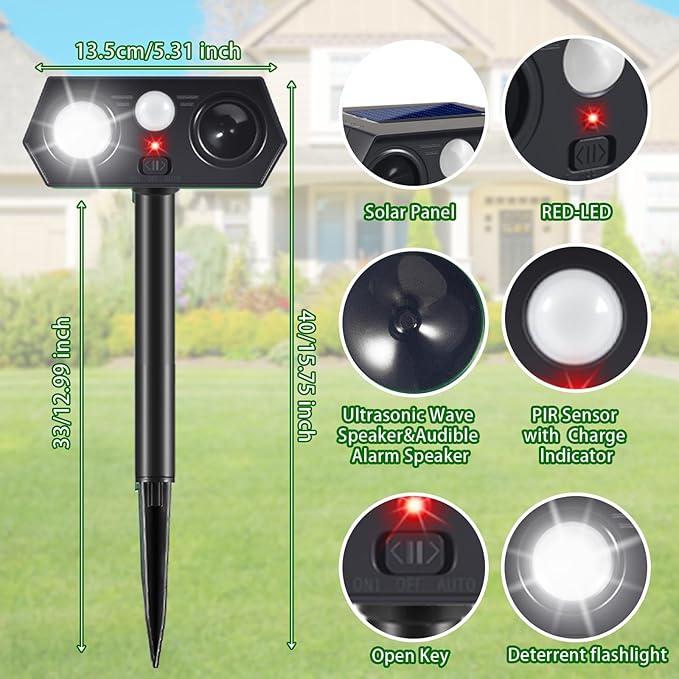 2025 Solar Ultrasonic Animal Repellent Sonic Fortress Pro Deer Repellent Rabbit Repeller Raccoon Squirrel Deterrent with Flash Light Motion Sensor to Keep Cat Dog Fox Skunk Out of Garden Yard(4Pack)