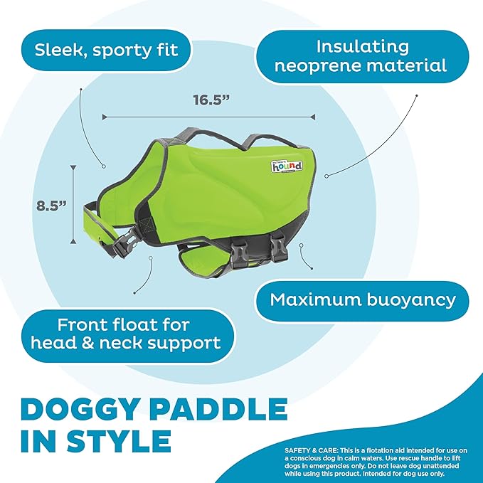 Outward Hound Dawson Swim Dog Life Jacket, High-Performance Neoprene Dog Life Vest for Swimming, Boating, and Water Safety, XL, Green