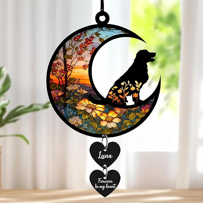 NAZENTI Personalized Dog Memorial Suncatcher, Loss of Pets Hanging Ornament, Custom Dogs Remembrance Gifts, Sympathy Gift, Bereavement Gifts Dogs, Dog Wind Chimes Memorial, Pet Owner