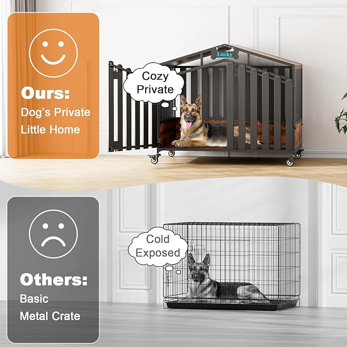 EasyCom 48“ XXL Heavy Duty Dog Crate Furniture with Wheels, Dog Crates for Large Dogs(Over 60lb), Extra-Wide Thick Steel Plates for Chew Resistance, with Feeding Window and Name Tag, Rustic Brown