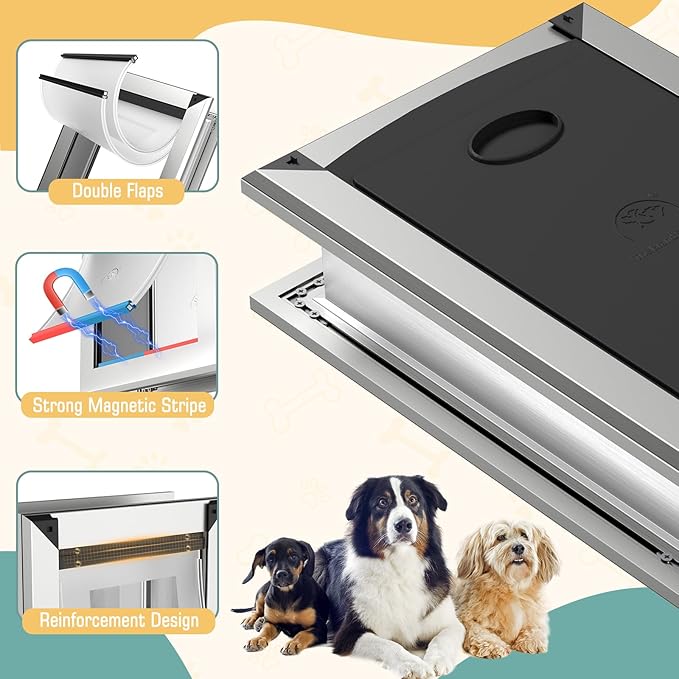 Medium Pet Door for Wall, Aluminum Frame, Double Magnetic Flaps Doggie Door, Sliding Lock Panel, Easy Installation, for Pets Up to 40 lbs.