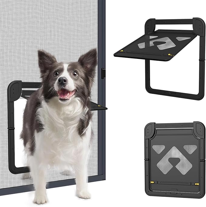 Dog Door for Screen Door, Lockable Pet Door for Sliding Screen Door, Magnetic Auto-Close Door Flap 14 x 11.8 inch, Black