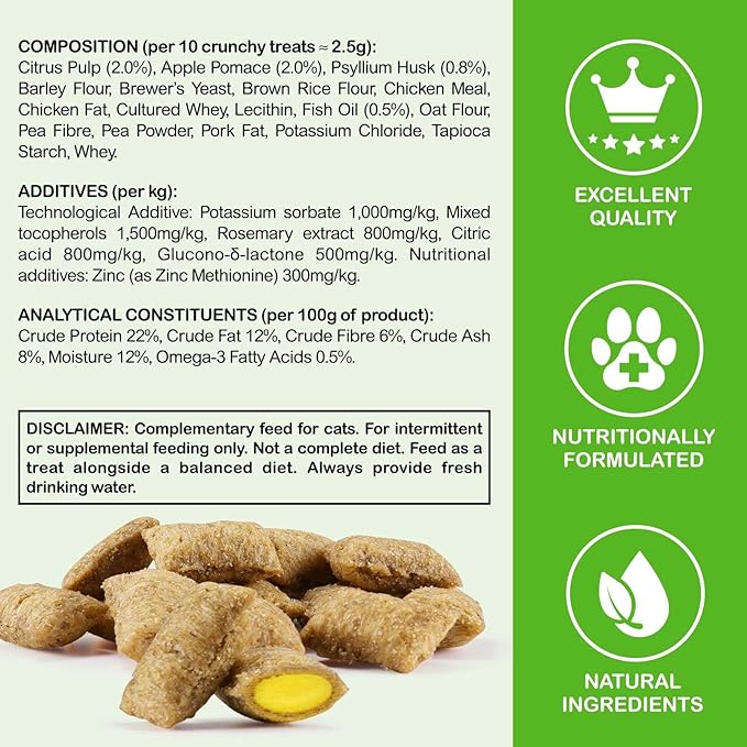 Cat Hairball Support Chews, Crunchy & Soft Chicken Flavor, Hairball Remedy Treat with Psyllium Husk & Omega-3, Supports Healthy Digestion, Skin & Coat, 30-Day Supply