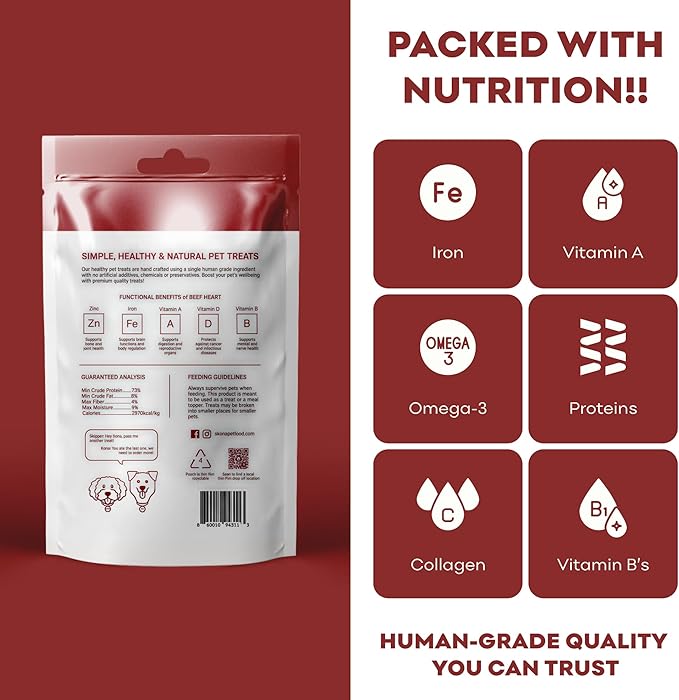 Skona PetFood Beef Heart Jerky Dog Treats & Cat Jerky Treats, High Protein, Single-Ingredient Training Snacks, Grain-Free, USA Made, Rich in Taurine, Supports Digestion & Dental Health, 4oz